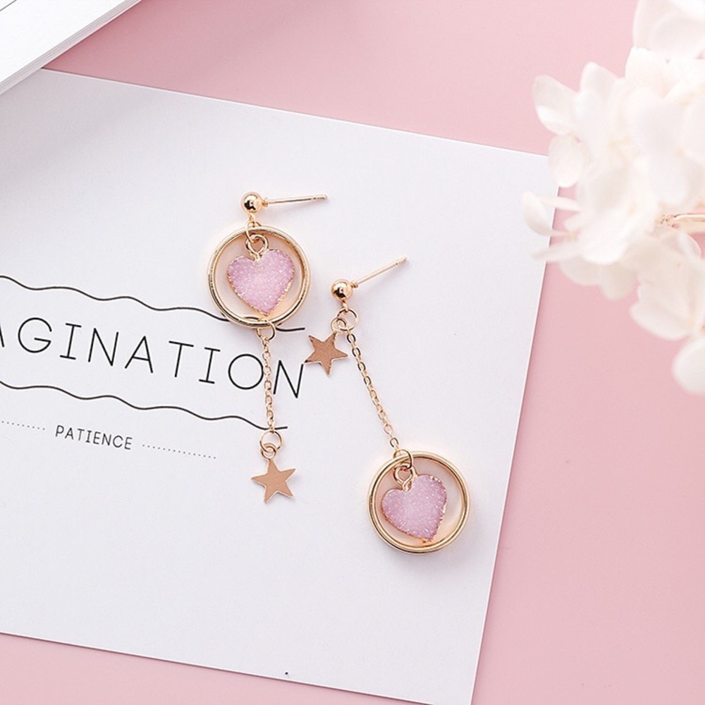 LAST PAIR! Asymmetrical Pink Heart Dangle Earrings - Picture 4 of 5